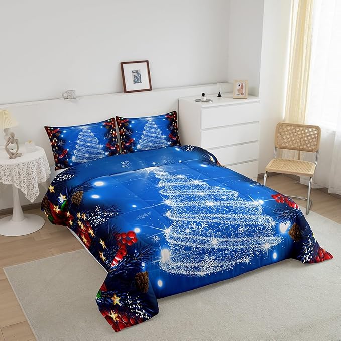 Feelyou Kids Merry Christmas Decorations Comforter Set, Kids Santa Tree Bedding Set Toddler Size for Boys Girls Teens Xmas Christmas Bell Decor Comforter Glitter Blue Quilt Set