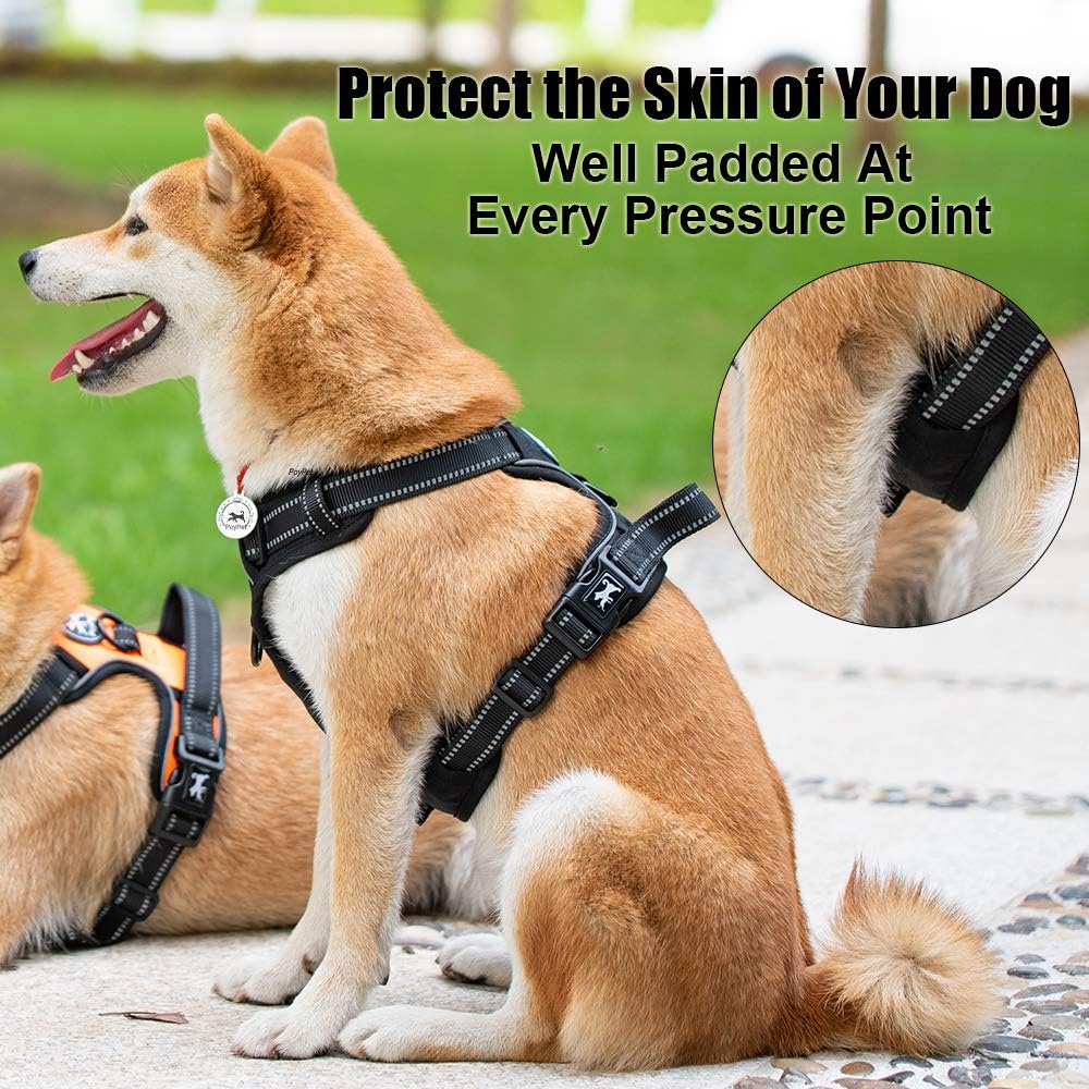 PoyPet No Pull Dog Harness, Reflective Comfortable Vest Harness with Front & Back 2 Leash Attachments and Easy Control Handle Adjustable Soft Padded Pet Vest for Small to Large Dogs (Black,L)