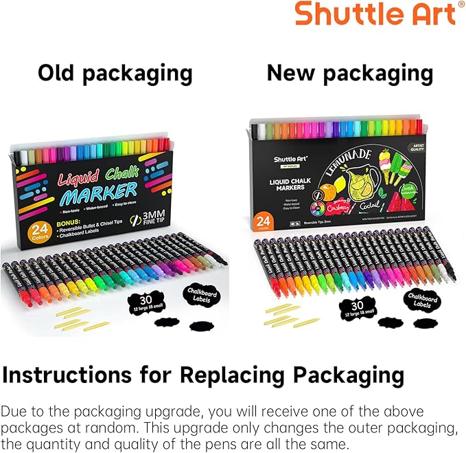 Shuttle Art Chalk Markers, 24 Vibrant Colors Liquid Chalk Markers Pens for Chalkboards, Windows, Glass, Cars, Erasable, 3mm Reversible Fine Tip with Chalkboard Labels for Office Home Supplies