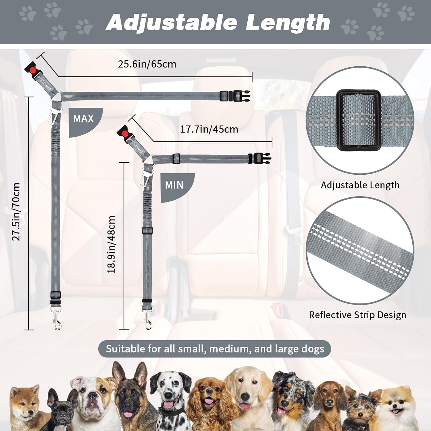BWOGUE Pet Dog Cat Seat Belt Reflective Car Dog Headrest Restraint Leash Elastic Buffer Bungee Adjustable Tangle-Free Safety Leads Vehicle Seatbelt Harness for Small, Medium and Large Dogs (1 Pack)