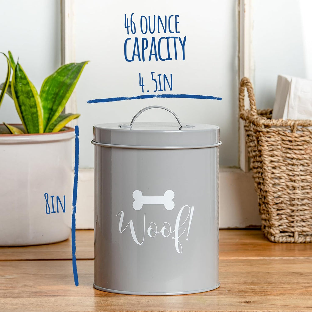 Park Life Designs - Metal Pet Treat Jar with Airtight Lid for Dogs, Cats, Puppies and More, Chic Kitchen Countertop Container for Cookies, Biscuits and Treats (Jasper, Grey, 1.4 Qt)
