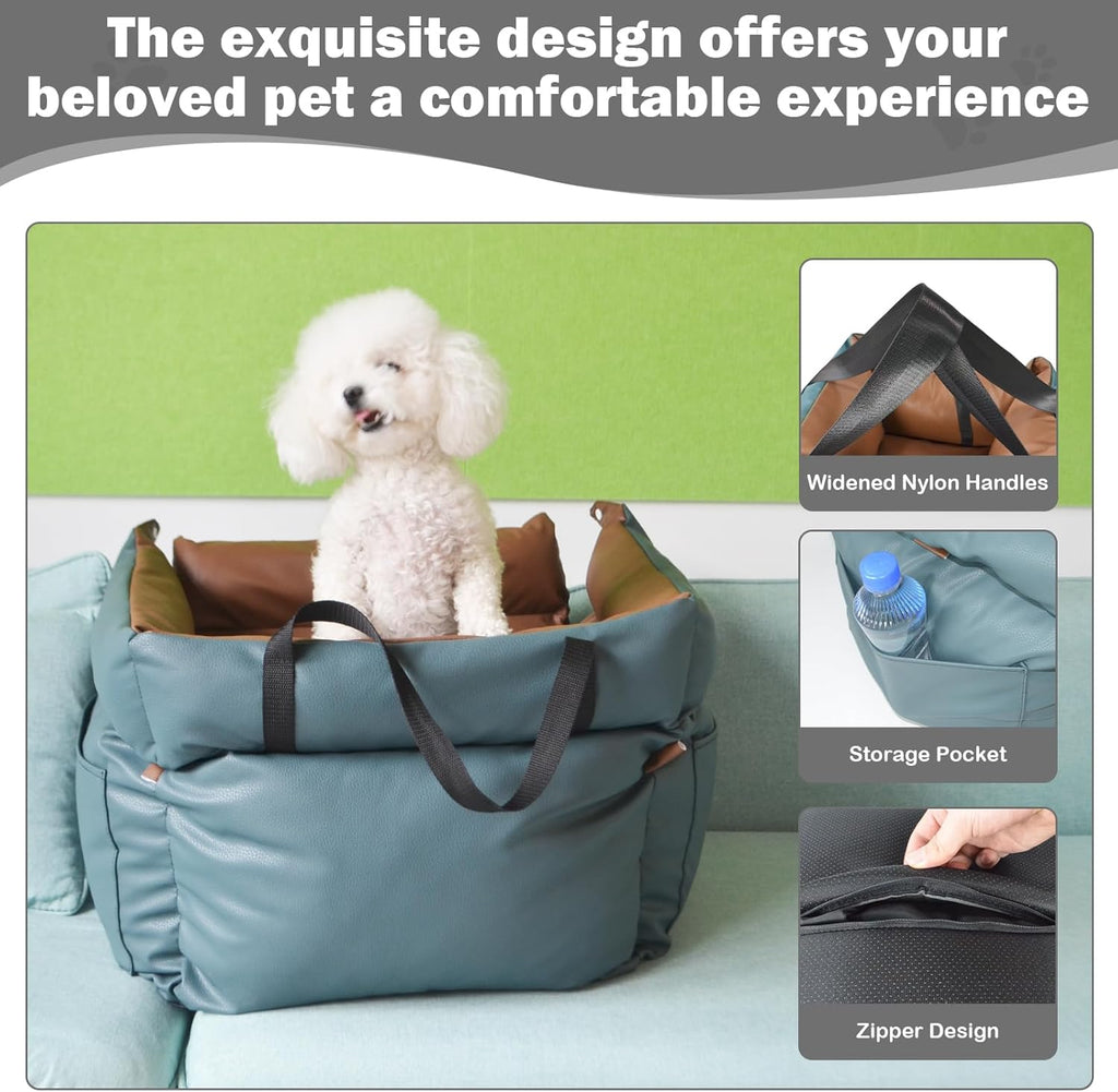 Dog Car Seat for Small Dogs, Large Leather Dog Car Bed with Storage Pocket, Waterproof PVC Leather Booster Seat Travel Bed for Front & Back Seat, Clip-On Safety Leash (Blue/Brown)