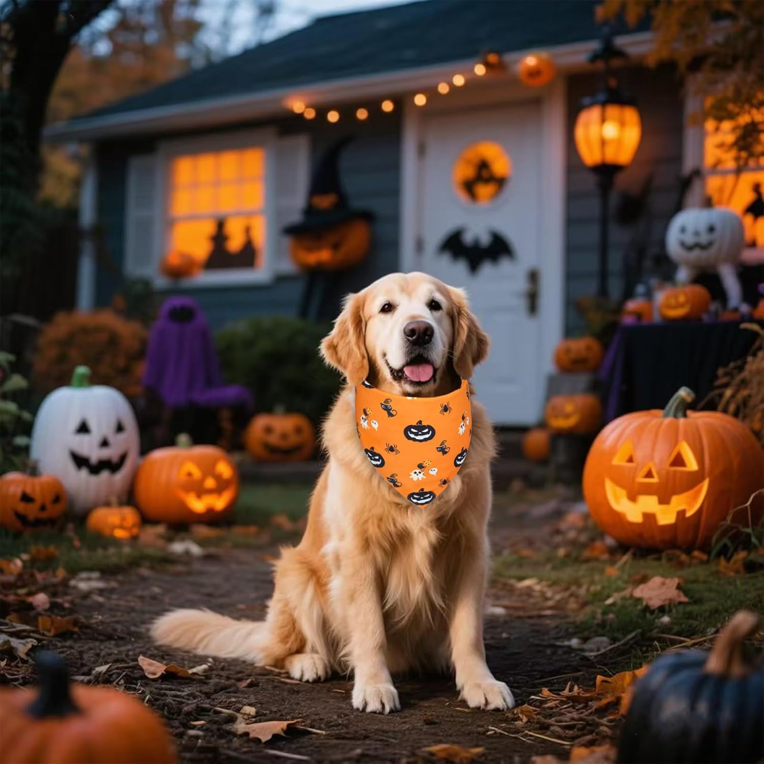 Halloween Dog Bandana for X-Large Dogs - Reversible Orange Jack-o-Lantern & Spiderweb Print Scarf - Soft & Quick-Dry for Costume Parties