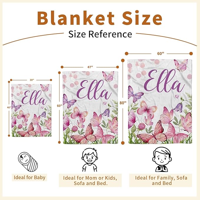 Personalized Baby Blanket for Girls, Custom Name Blanket for Newborn New Mom, Soft Flannel with Double Layer Dotted Backing, Ideal Gifts for Baby Shower Christmas Birthday, Butterfly(47" x60)
