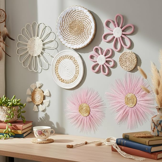 Chunful 9 Pcs Boho Nursery Wall Decor Daisy Flower Woven Macrame Seagrass Rattan Basket Wall Hanging Bohemian Decorations Gifts for Home Dorm Art Farmhouse Bedrooms Living Room(White Pink)