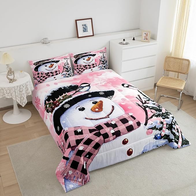 Feelyou Kids Christmas Theme Decorations Bedding Set Xmas Snowman Comforter Set for Boys Girls Snowflake Kawaii Cute Comforter Watercolor Pink Quilt Set Bedroom Collection Toddler Size