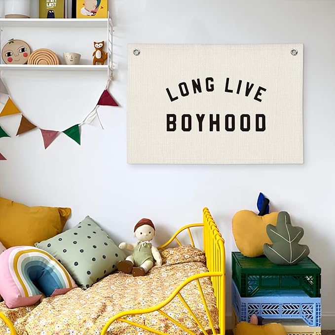 "Long Live Boyhood" Wall Banner 20x30 Inch - Boys Room Decor, Linen Canvas Wall Hanging for Toddler Playroom, Rustic Nursery Sign, Adventure Theme Kids Bedroom Banner - White