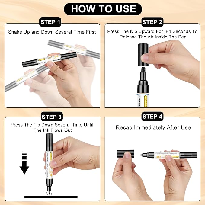 Acrylic Paint Marker Pens - 4 Pack Dual Tip Permanent Markers (0.7mm & 3mm) Water-Based Ink Pens for Rock Painting, Canvas, Ceramic, Glass, Wood, Plastic, DIY Crafts (2 Black/ 2 White)
