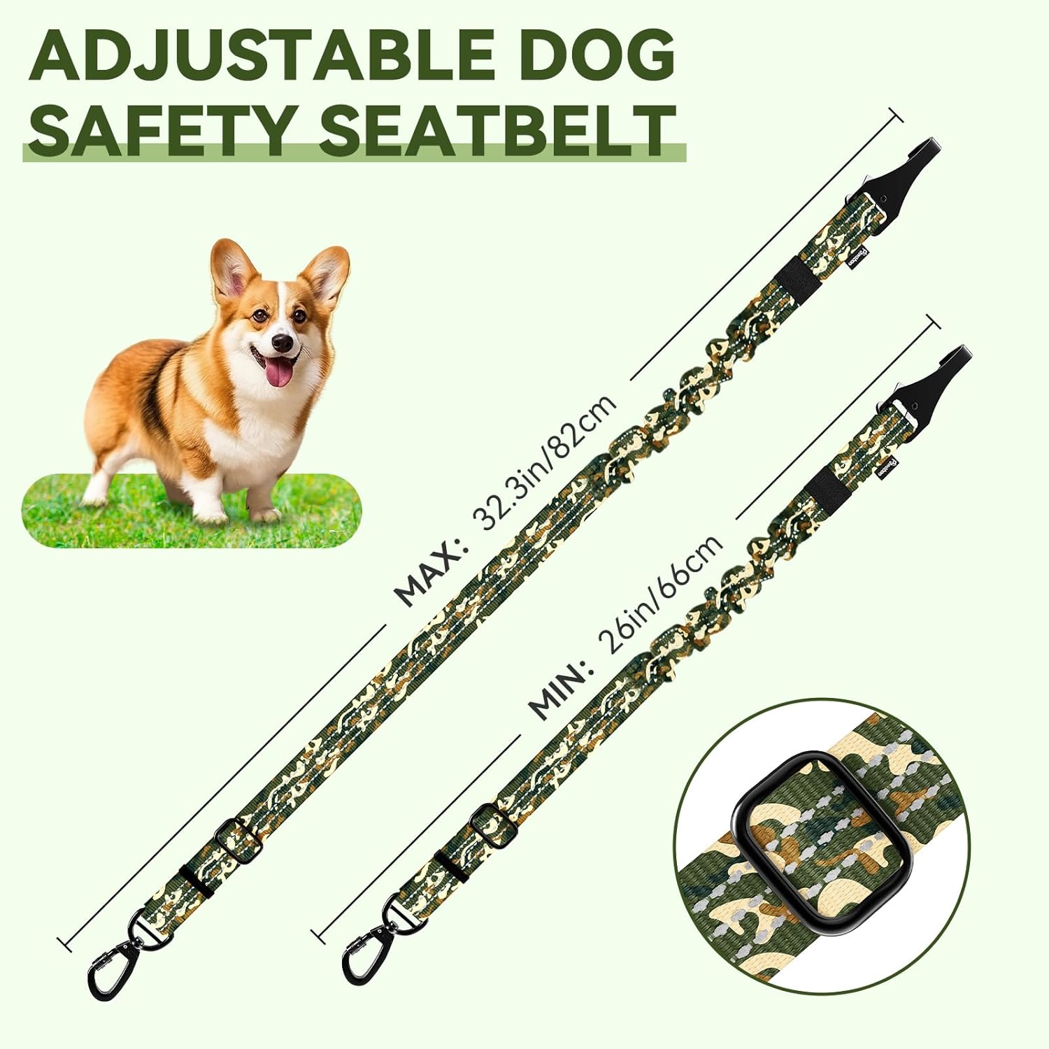 Pawaboo 2Pack Dog Seatbelt for Car, Dog Car Seat Belt Bungee, Dogs Tether with Buckle & Hook Latch, Adjustable Reflective Dogs Cars Harness Leash with 360° Lockable Buckle, Army Green Camouflage