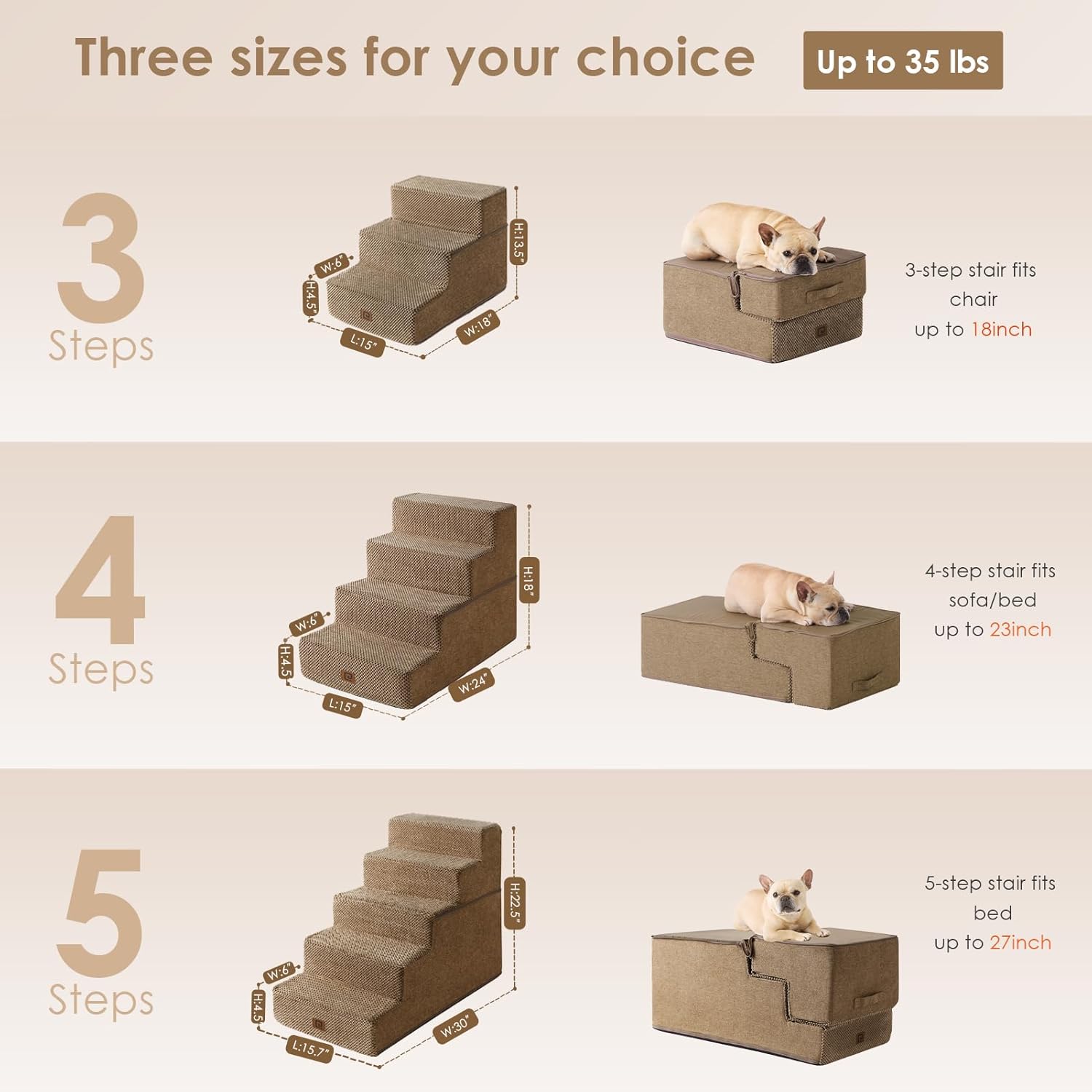 EHEYCIGA Dog Stairs for Small Dogs 13.5" H, 3-Step Dog Steps for Couch Sofa and Chair, Pet Steps for Medium Cats, Non-Slip Balanced Pet Ramp Indoor, Camel