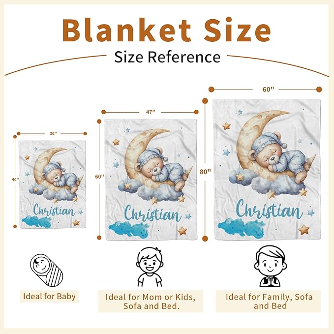 Personalized Baby Blanket with Name, Customized Blanket for Newborn Boys Girls, Sleepy Bear Theme Baby Name Blanket with Dotted Backing, Receiving Swaddle, Baby Shower Birthday Gifts(30”x40)