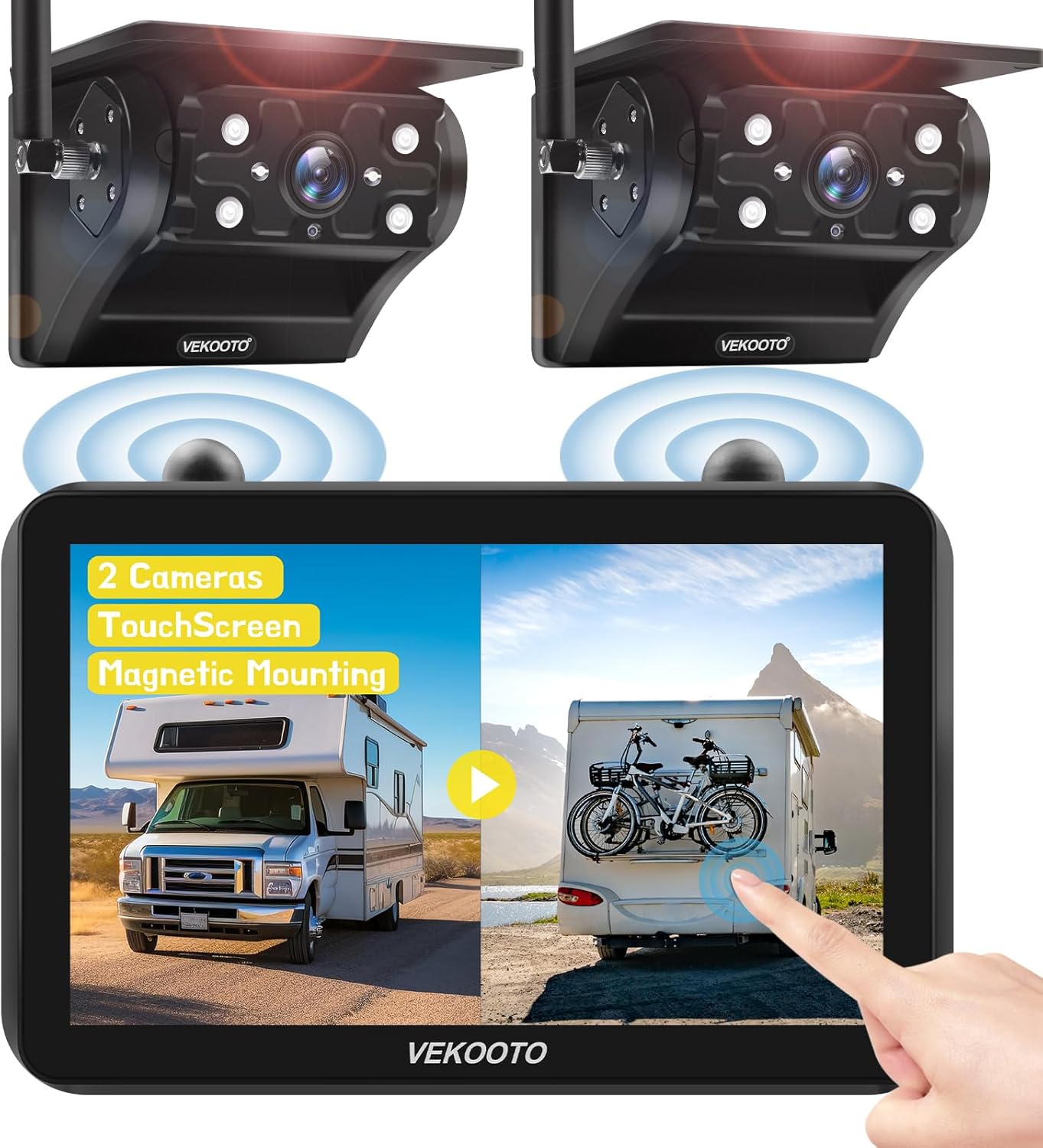 2 Magnetic Solar Wireless Backup Camera with 7'' IPS Touchscreen, 15,000mAh Rechargeable, Auto Sleep, No Wiring, 1080P Night Vision Wireless Backup Camera for Trucks, RV, Trailer, Camper VEKOOTO VK7-2