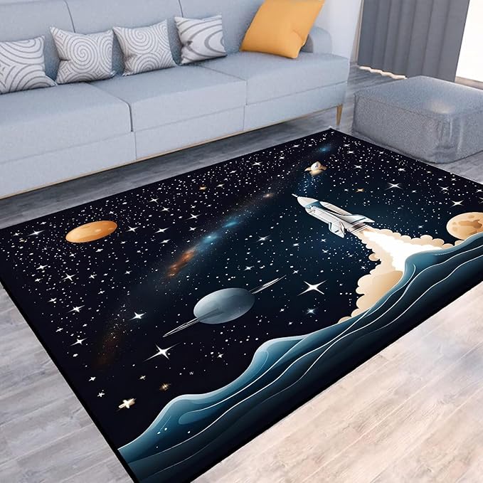 Space Rocket Rug for Boys Room Black Rugs Galaxy Stars Carpet Planet Printed Throw Rugs for Kids Teens Doormat Bedroom Living Room,31 in X 47 in