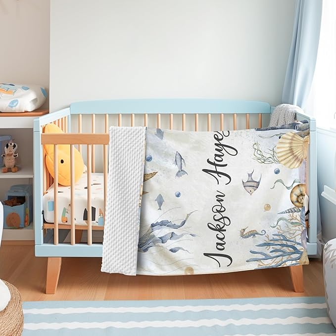 Personalized Baby Blanket with Name, Customized Baby Blanket for Kids Newborns, Soft Flannel with Double Layer Dotted Backing, Customized Gifts for Baby Shower Birthday, Sea Turtle(60" x80)