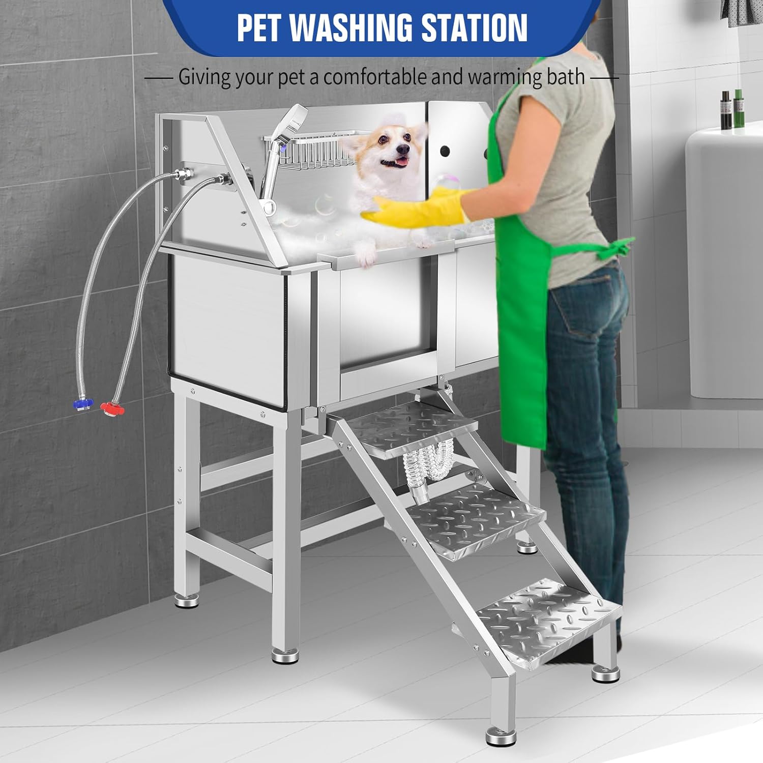 Professional Stainless Steel Dog Bathing Station, Dog Grooming Tub, with Stairs, Floor Grate & Faucet for Dog Bathtub for Large, Medium & Small Pets,34" L-RAMP