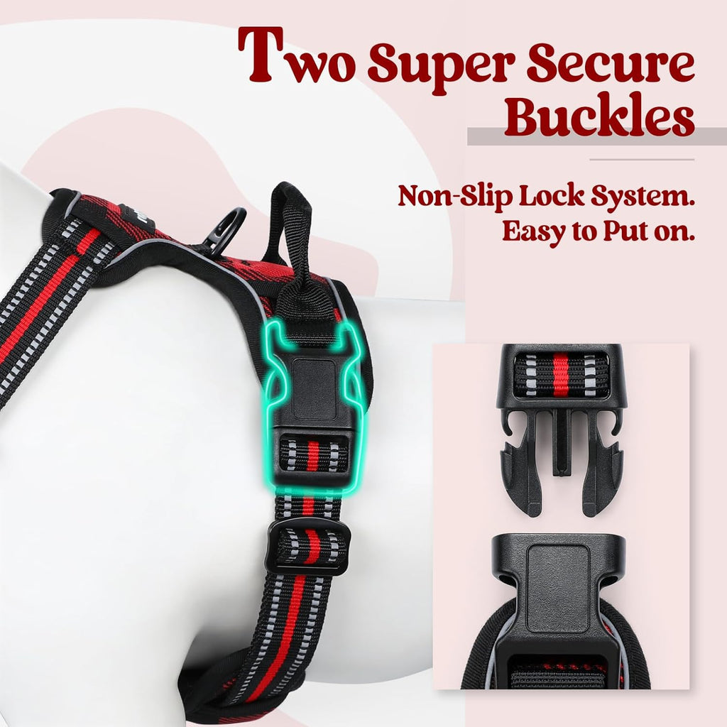 rabbitgoo Dog Harness No Pull with 2 Leash Clips, Adjustable Soft Padded, Reflective Oxford No Choke Pet Vest with Easy Control Handle for Large Dogs, Red Plaid, L