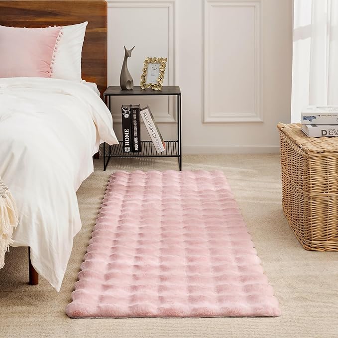 Ashler Faux Rabbit Fur 3D Bubble Rect Rug, Soft Pink Fluffy Shaggy 2x3 FT Carpet, Machine Washable for Living Room, Bedroom & Nursery - Fuzzy Rectangle Area Rug