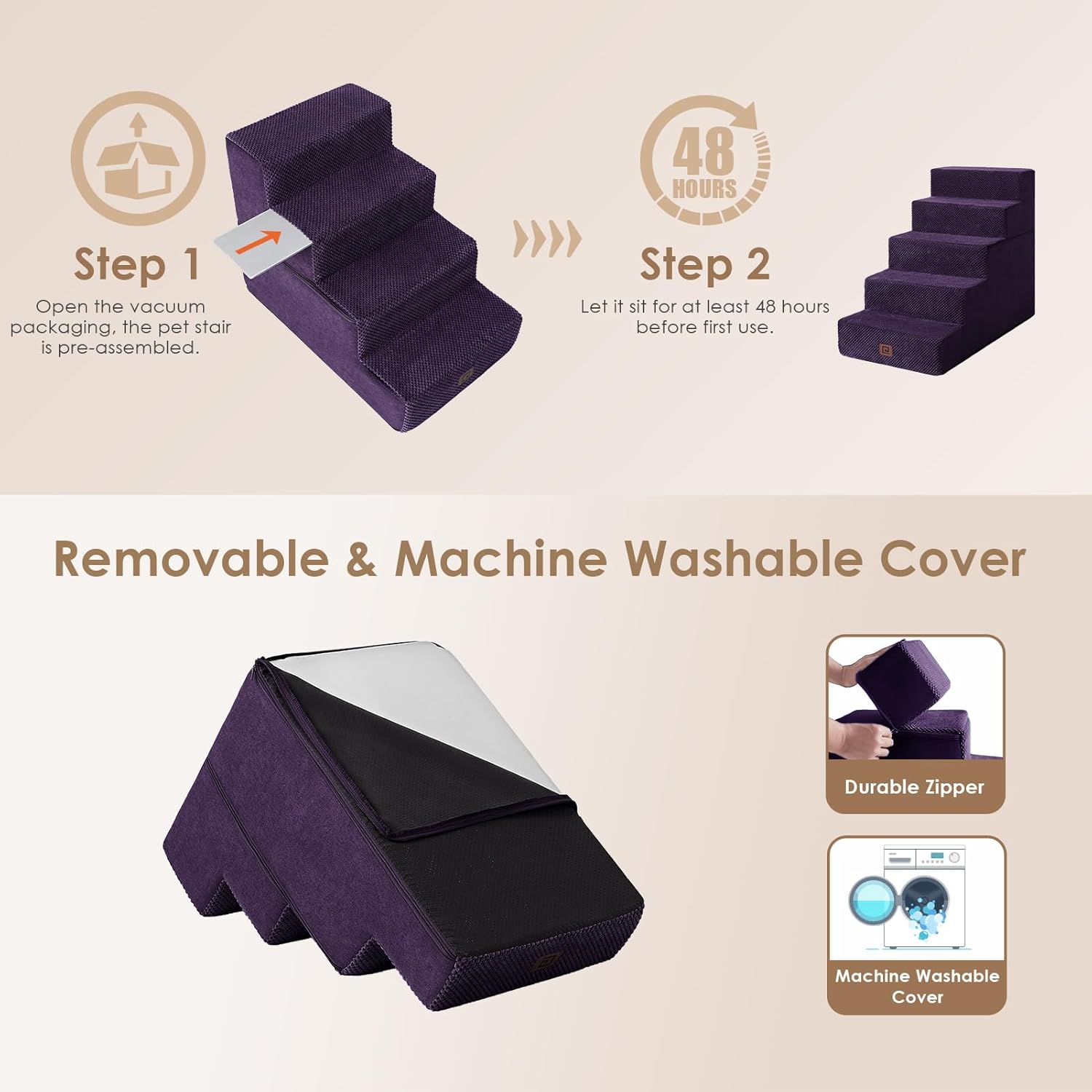 EHEYCIGA Dog Stairs for High Bed 22.5" H, 5-Step Dog Steps for Bed, Pet Steps for Small Dogs and Cats, Non-Slip Balanced Pet Ramp Indoor, Purple