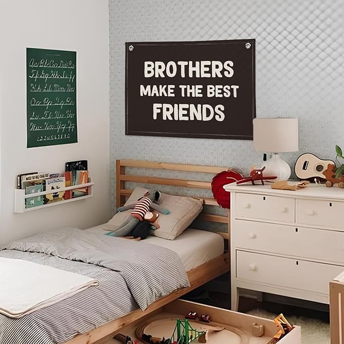 Brothers Make The Best Friends Banner, Boys Room Decor, Toddler Boy Linen Banner Wall Hanging Flag Decor for Nursery 20x30 - Black
