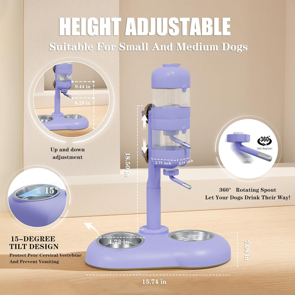 Dog Bowls with Puppy Weaning Bottles,3 in 1 Bowl Set with Water Dispenser and 2 Food Grade Stainless Steel Dog Bowls,15°Tilted Cat Food and Water Bowl Set for Cats,Bunnies,Ferrets