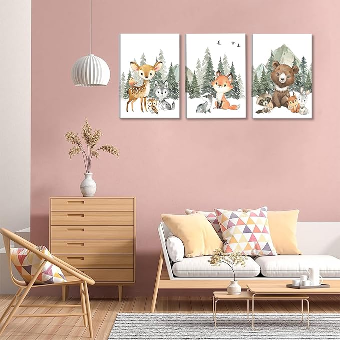 3Pcs Woodland Animal Nursery Canvas Wall Art Forest Adventure Theme Animals Picture Posters Wall Decor Cute Watercolor Deer Bear Fox Painting Print Artwork for Kids Baby Bedroom Decor 16x24in