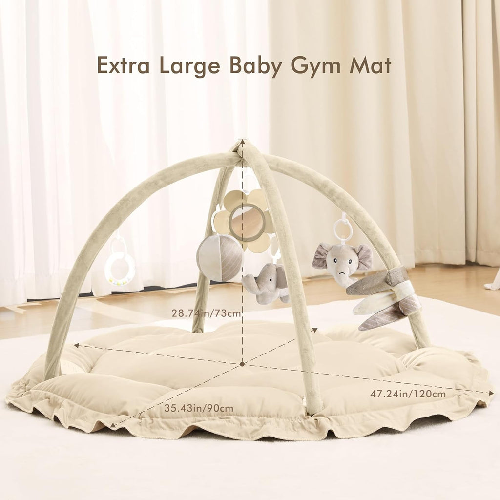 ANGELBLISS 5 in 1 Baby Play Gym Mat, Reversible Tummy Time Mat with 5 Sensory Toys for Stage-Based Developmental, Thick & Large Baby Activity Center from Newborn to Toddler (Khaki)