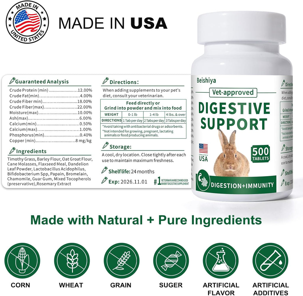 500 Tablets, Digestive Support Rabbit, Support GI Stasis, Bloat, Constipation, and Diarrhea, Strengthens Immune System, Premium Formula with High Fiber, Vitamins and Probiotics, Non-GMO