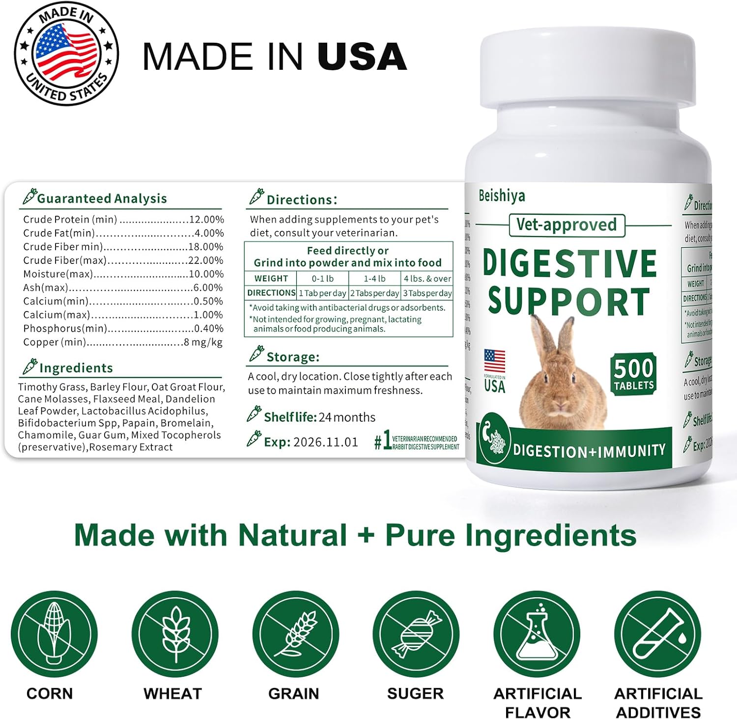 500 Tablets, Digestive Support Rabbit, Support GI Stasis, Bloat, Constipation, and Diarrhea, Strengthens Immune System, Premium Formula with High Fiber, Vitamins and Probiotics, Non-GMO