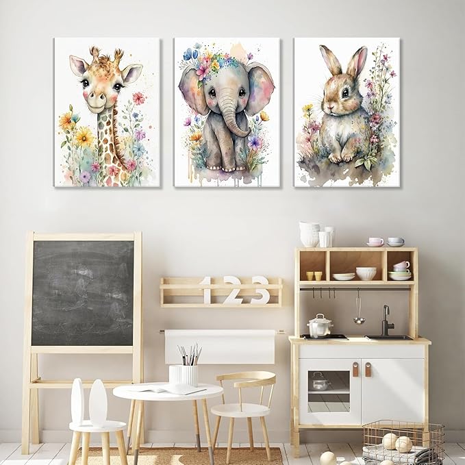 3Pcs Baby Watercolor Safari Animals Nursery Canvas Wall Art Cute Jungle Animals with Wildflower Picture Posters Wall Decor Giraffe Elephant Rabbit Painting Print Artwork for Kids Children Room 12x16in