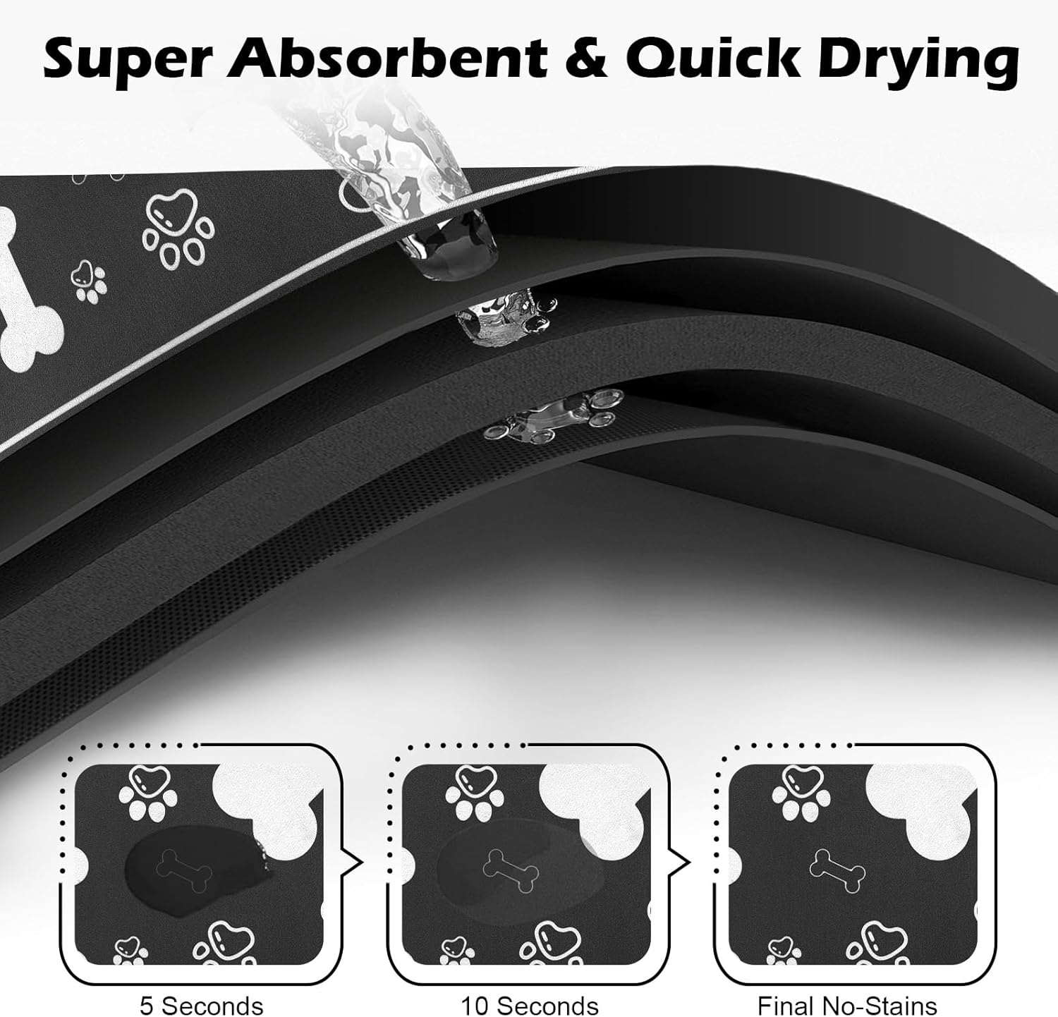 Pet Feeding Mat,Rapid Absorbent Mats for Dog Cat Food, Dog Placemat Water Bowl Mat with Rubber Backing,Messy Drinkers to Protect Floors, Pet Accessories 17"×29" Black