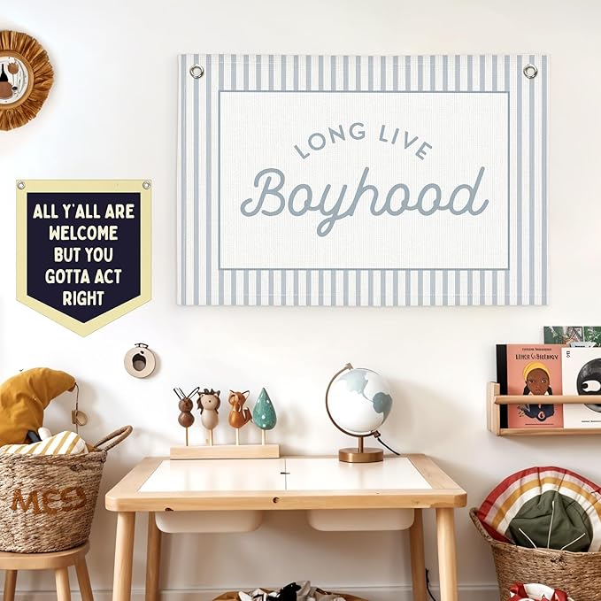 Lacama Long Live Boyhood Boys Room Decor, Boy Nursery Decor, Linen Banner Wall Hanging Canvas Banner Flag Decor for Toddler Boy Room Nursery 30x20 Inch