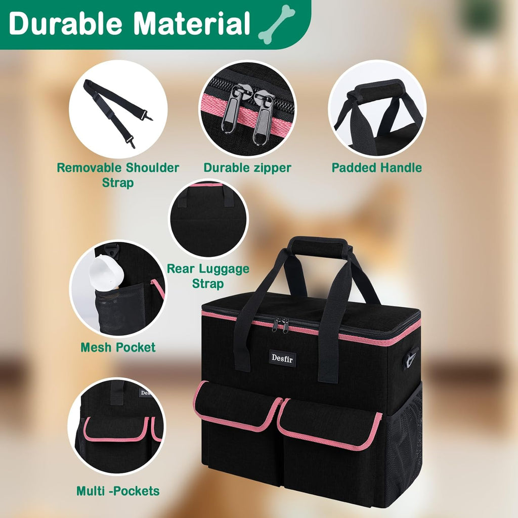 Large Pet Travel Bag Organizer - Dog & Cat Tote with Food Containers, Bowls, Feeding Mat, Perfect for Camping, Hiking (Multi-Pocket Design)