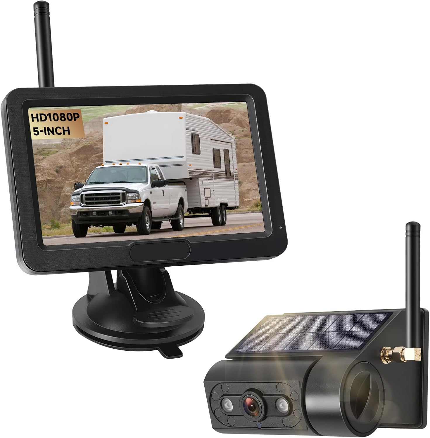 Magnetic Solar Wireless Backup Camera with 5” HD Monitor No Wiring Rechargeable Battery IP68 IR Night Vision Rearview Camera System for Car RV Truck 5th Wheels Skid Steer Horse Trailer Hitch Camera