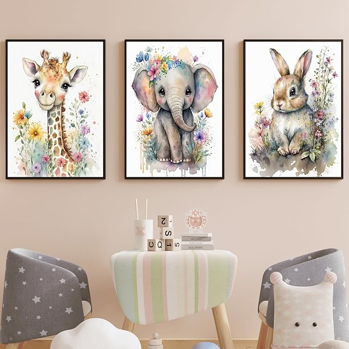 3Pcs Baby Watercolor Safari Animals Nursery Canvas Wall Art Cute Jungle Animals with Wildflower Picture Posters Wall Decor Giraffe Elephant Rabbit Painting Print Artwork for Kids Children Room 16x24in
