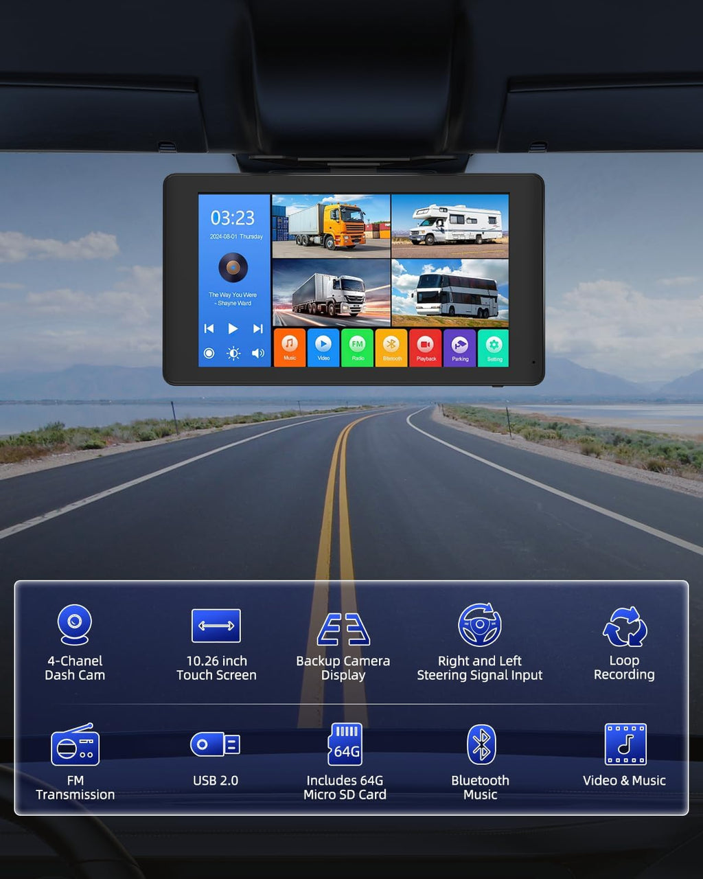 4 Channel 1080p HD Backup Camera System with 10.2" Touchscreen Monitor, DVR Recording/Playback, Bluetooth, FM Radio & Media Player for Trucks, Semis, RVs, Trailers, Vans, SUVs, Cars