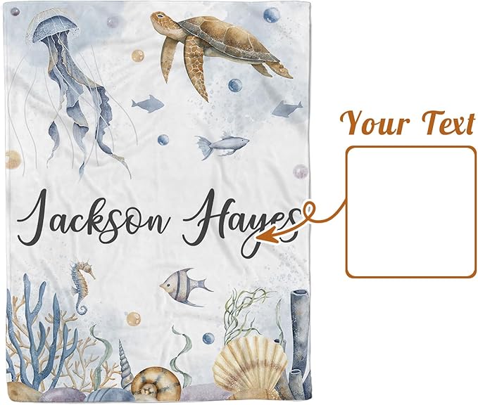 Personalized Baby Blanket with Name, Customized Baby Blanket for Kids Newborns, Soft Flannel with Double Layer Dotted Backing, Customized Gifts for Baby Shower Birthday, Sea Turtle(30”x40)