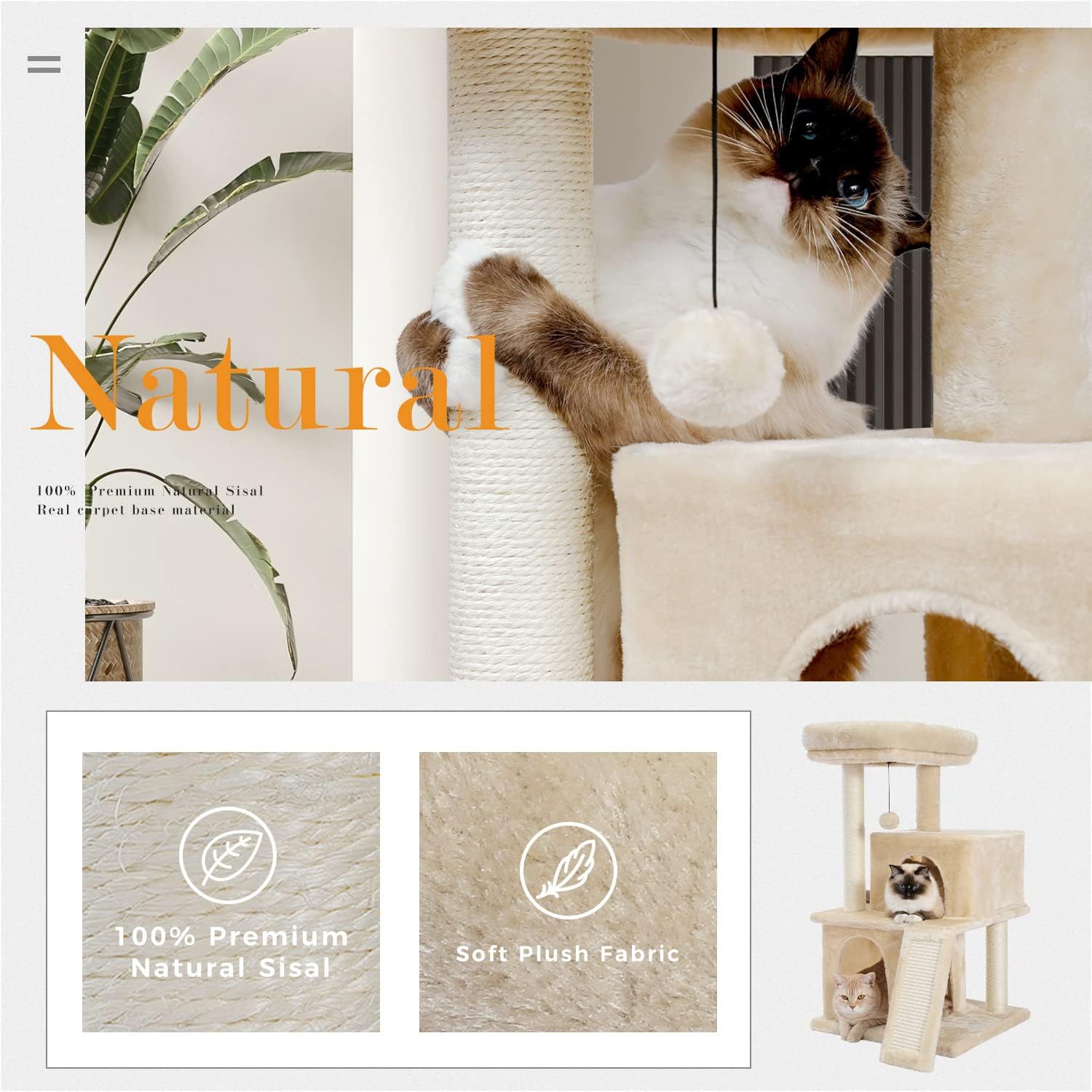 PAWZ Road Cat Tree Luxury Cat Tower with Double Condos, Spacious Perch, Fully Wrapped Scratching Sisal Posts and Replaceable Dangling Balls Beige