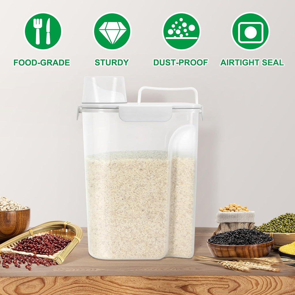 TBMax Airtight Rice Container 10 Lbs Cereal Dispenser, Small Pet Cat Dog Food Storage Container, Plastic Kitchen Pantry Food Storage Holder with Cup -White