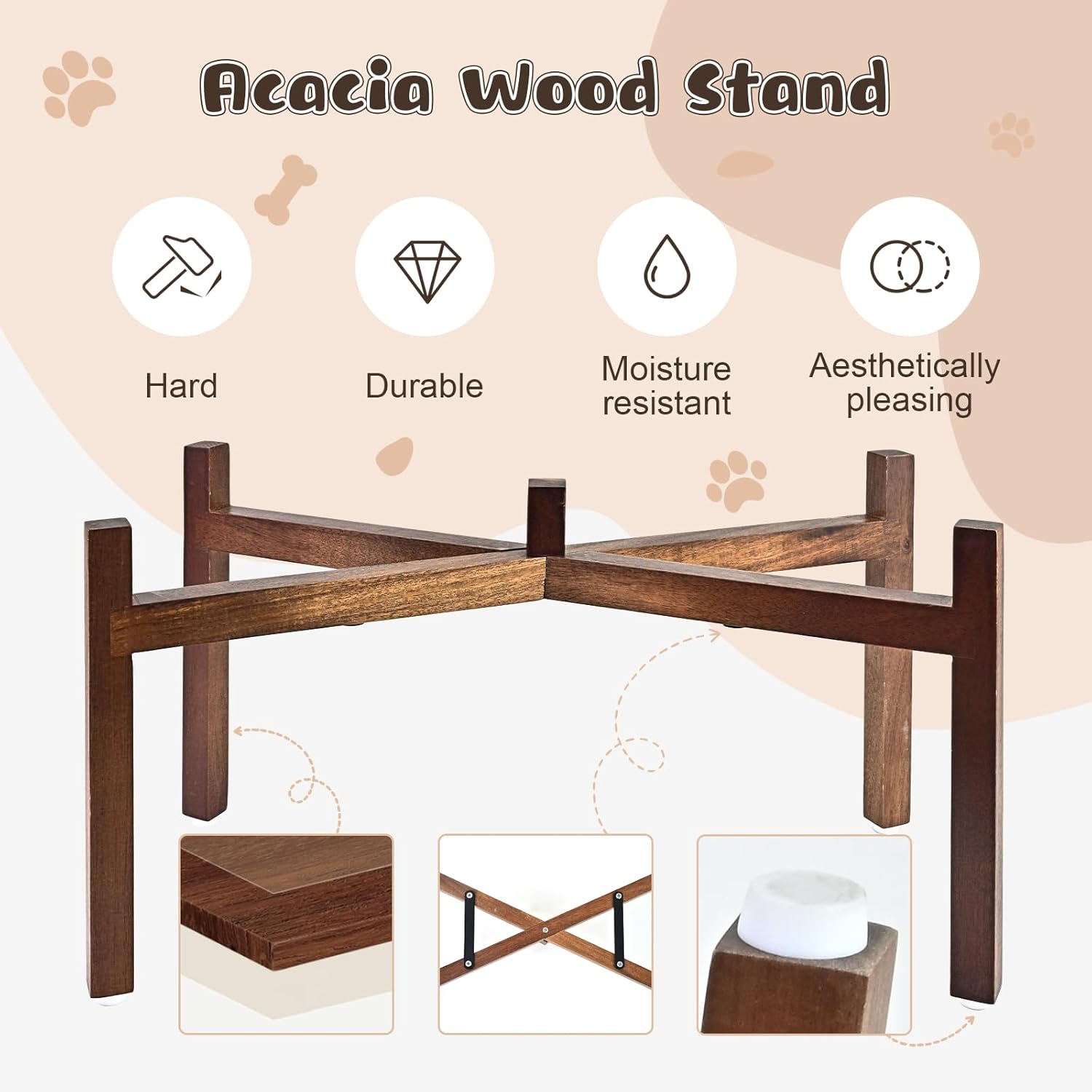 SPUNKYJUNKY Ceramic Elevated Dog Bowl Set with Acacia Wood Stand for Food and Water for Large Dogs (60.87 OZ, White, Dog Paw Pattern)