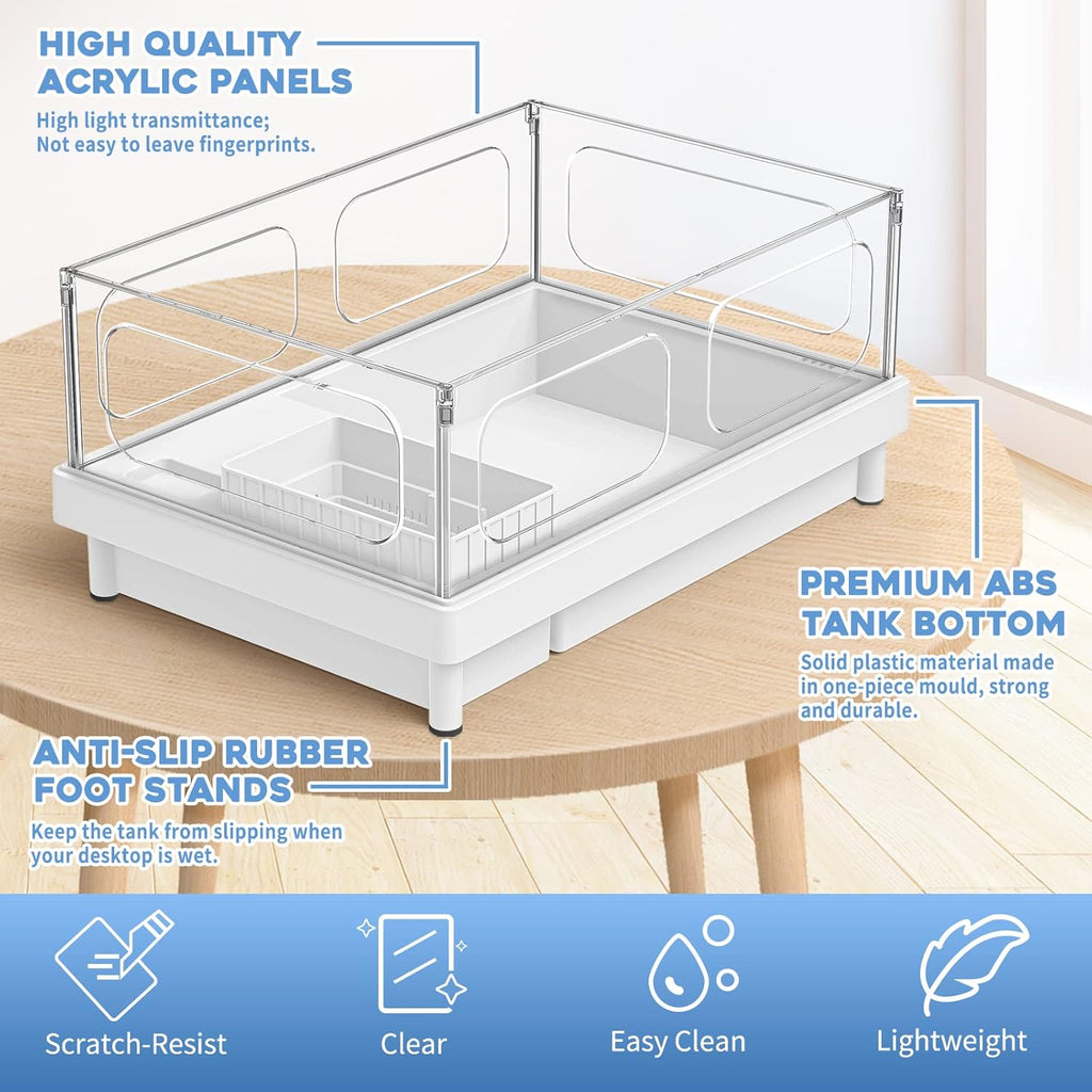 Small Turtle Tank, Aquarium, Acrylic Terrarium with Basking Platform, Bottom Drainage, Multi-Function Areas for Turtles, Crabs, Crayfish, Reptiles.