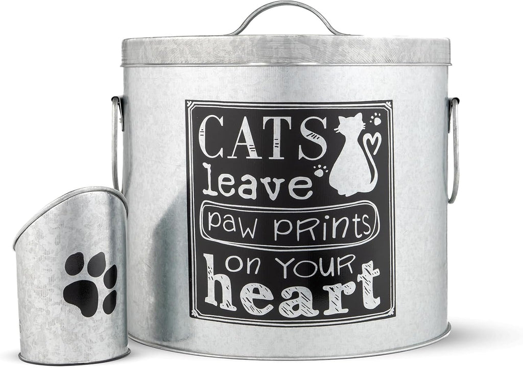 Silver 20lb Cat Food Storage with Scoop | Pet Container for food that can fit in the pantry | Modern Beautiful Cat Pet Food Storage Container