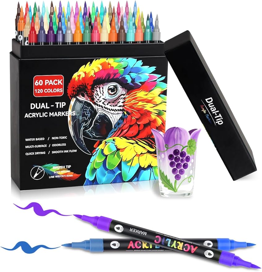 120 Colors Acrylic Paint Markers with 60 Dual-Color Brush Tips, Double Tips Acrylic Paint Pens for Rocks, Eggs, Wood, Rock, Canvas, Plastic, Glass, Ceramic