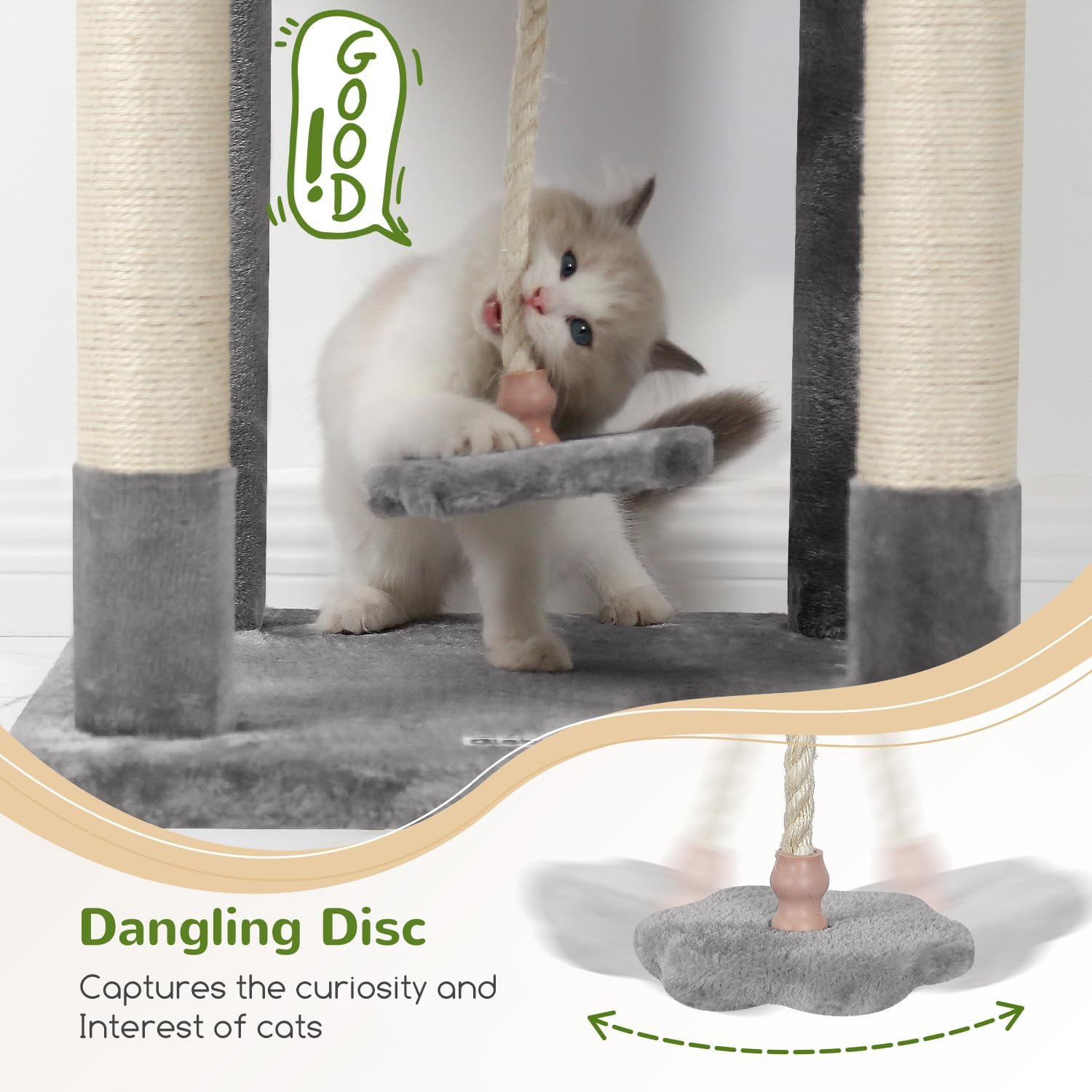 Globlazer Cat Tree, 70 inch Tall Scratching Tower Multi-Level Cat Condo for Indoor Multiple Cats with 2 Large Cat Caves, Top Perch, Large Platform, Bottom Swing, F70B, Light Grey