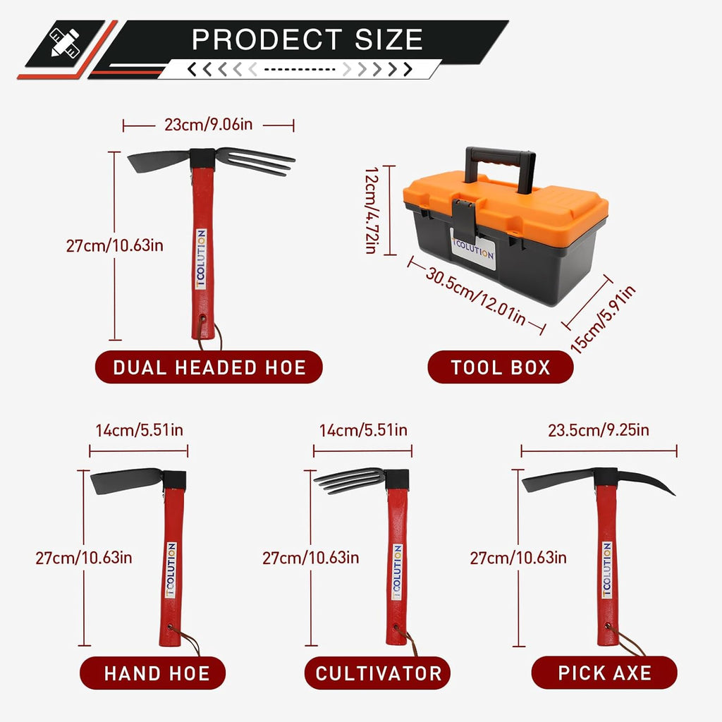 Garden Tool Set with Tool Box 4 Piece Heavy Duty Gardening Tools Kit with Hoe Rake Shovel Fork Non Slip Handle Garden Hand Tools for Digging Weeding Planting