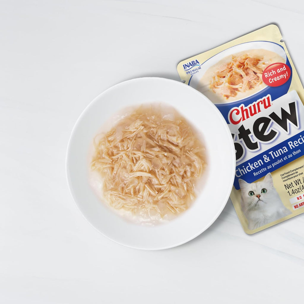 INABA Churu Stew for Cats, Side Dish Pouch with Vitamin E, 1.4 Ounces per Pouch, 12 Pouches, Chicken & Seafood Variety