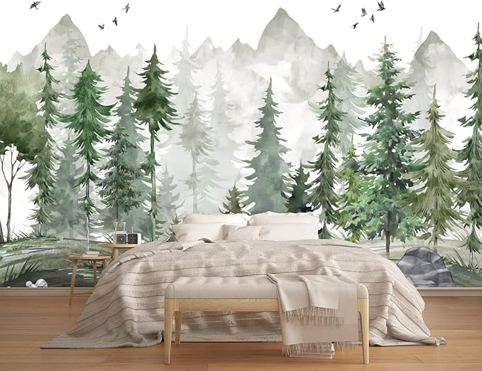 Forest Wallpaper Watercolor Green Woodland Mural Wallpaper for Nursery Room (Not Peel n' Stick)