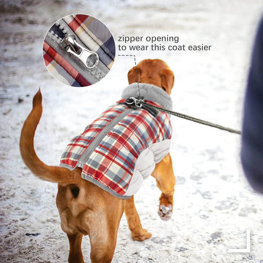 FUAMEY Dog Coat for Large Dogs,Waterproof Dog Winter Jacket with Harness Built in Puppy Cold Weather Coats Reflective Pet Vest with Zipper Warm Fleece Dogs Snowsuit Windproof Red Plaid L