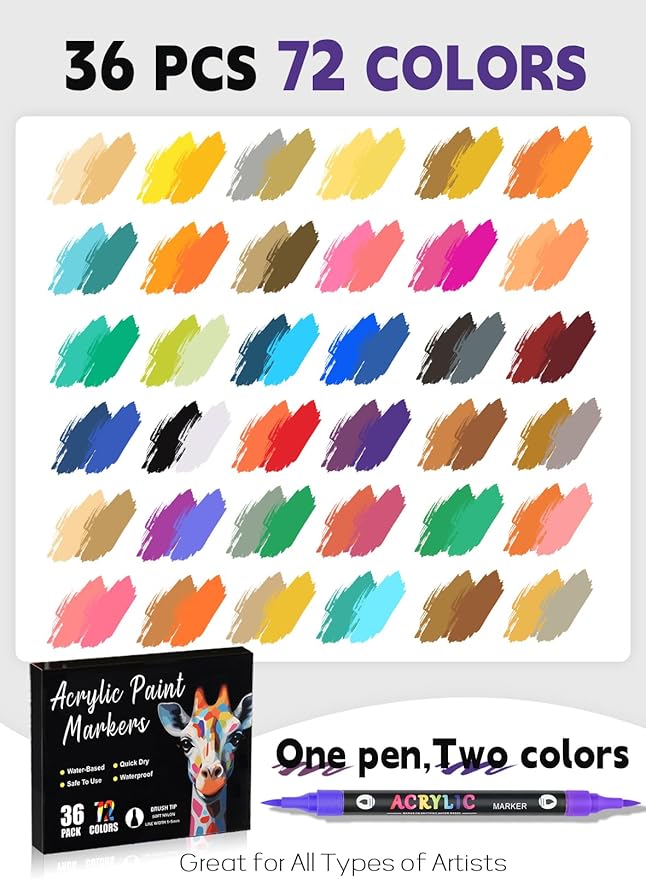72 Colors Acrylic Paint Markers with 36 Dual-Color Brush Tips, Double Tips Acrylic Paint Pens for Rocks, Eggs, Wood, Rock, Canvas, Plastic, Glass, Ceramic