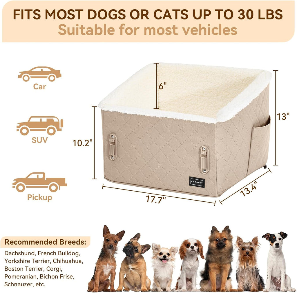 PETSFIT Small Dog Booster Car Seat, Soft Foam Puppy Carseat with Patented Safety Buckles, Storage Pockets and Detachable Clip-On Safety Leash, Dog Car Booster Seat for Medium Pet Under 30 LBS (Khaki)
