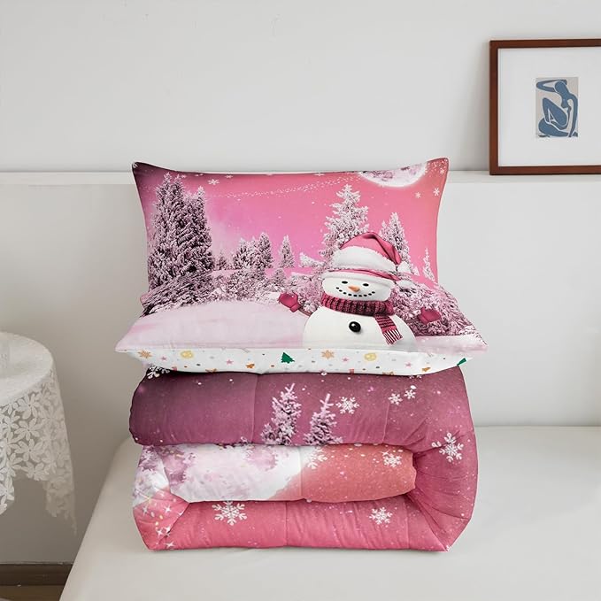 Feelyou Kids Merry Christmas Decorations King Size Comforter Set Xmas Snowman Bedding Set Girly Pink Quilt Set Soft Warm Lightweight Duvet Set